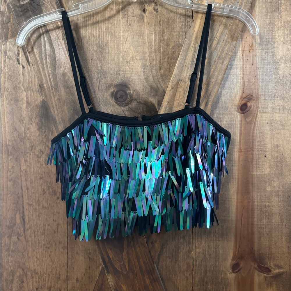Sequin Fringe Crop Top - Black and Green